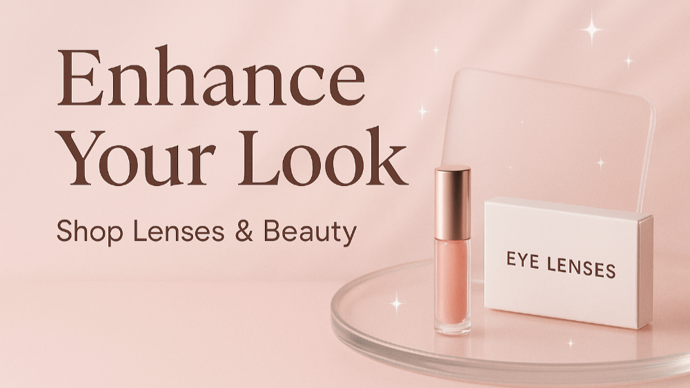 Advertisement for eye lenses with a bottle and box on a pink background, text 'Enhance Your Look Shop Lenses & Beauty'.